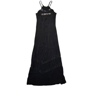 Bebe Womens Black Ribbed Maxi Dress Rhinestone Logo Lace Halter S Y2k 2000s